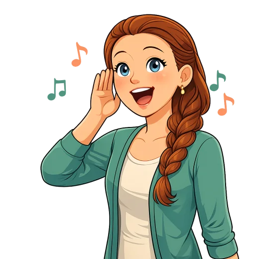 Alexis singing, hand cupped to her ear
