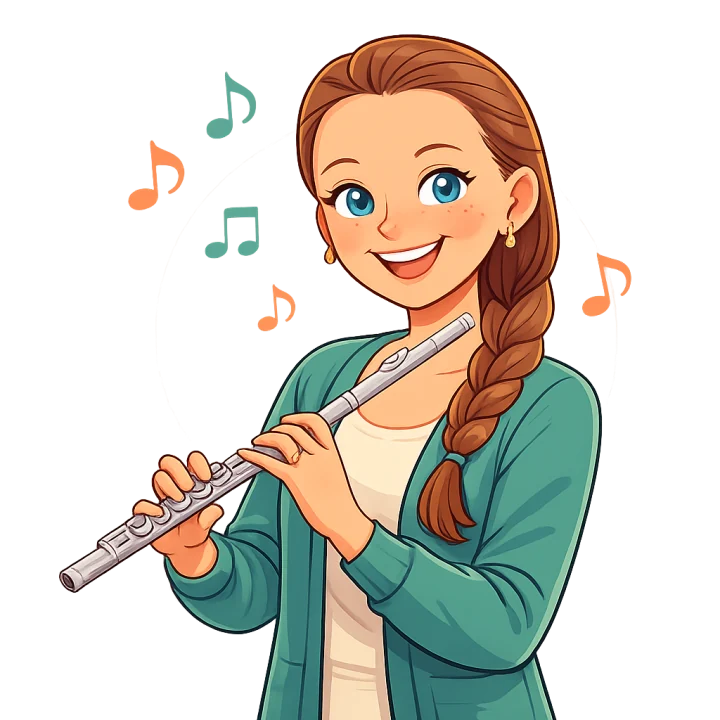 Illustration of Alexis holding a flute, surrounded by music notes