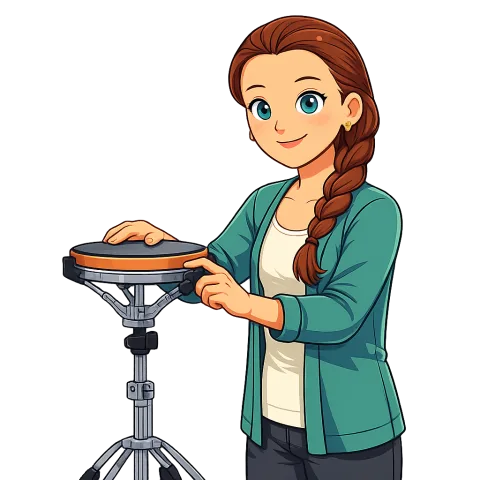 Cartoon Alexis adjusting a percussion stand
