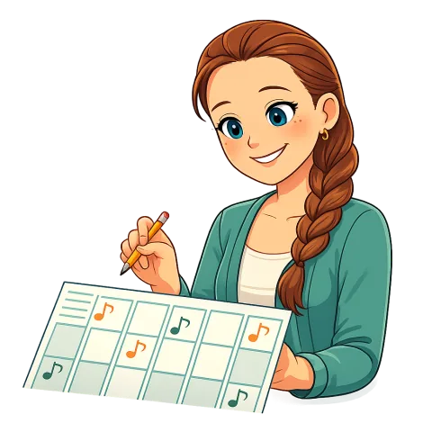 Cartoon Alexis planning a weekly practice calendar