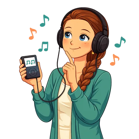 Cartoon Alexis comparing musical recordings with headphones