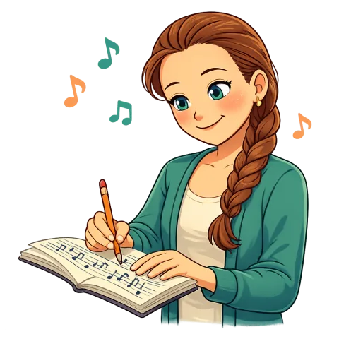 Cartoon Alexis composing music in a notebook