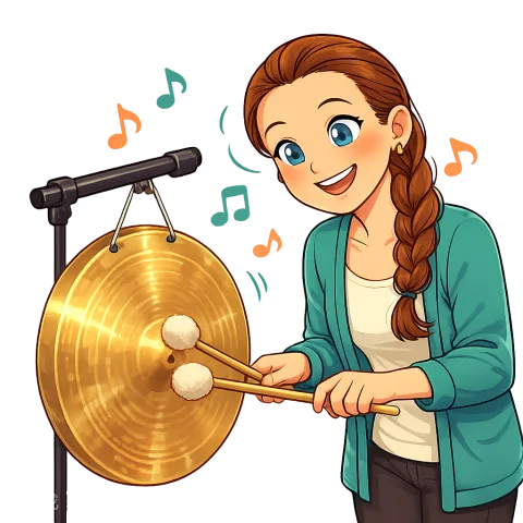 Cartoon Alexis rolling a suspended cymbal