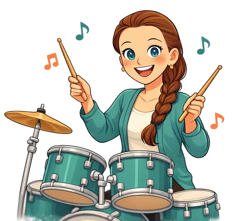Cartoon Alexis playing a drum set