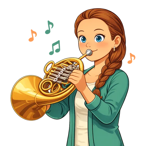 Cartoon Alexis playing the French horn