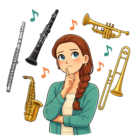 Cartoon Alexis considering several band instruments