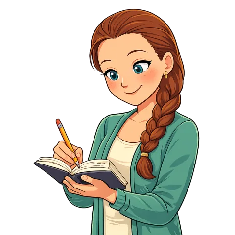 Cartoon Alexis planning practice in a journal
