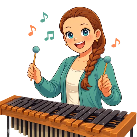 Cartoon Alexis playing a mallet keyboard