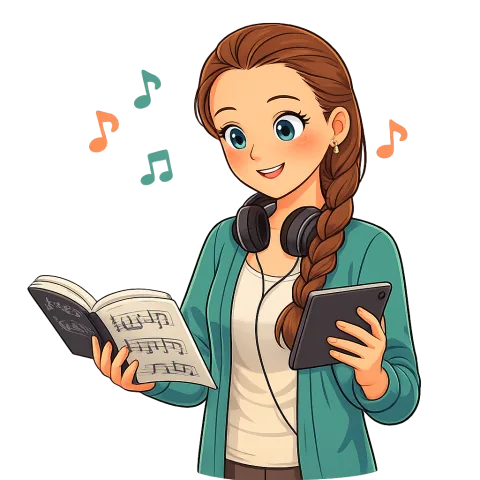 Cartoon Alexis researching music with a score and tablet