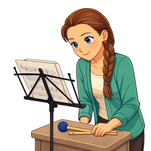 Cartoon Alexis preparing mallets beside a percussion score