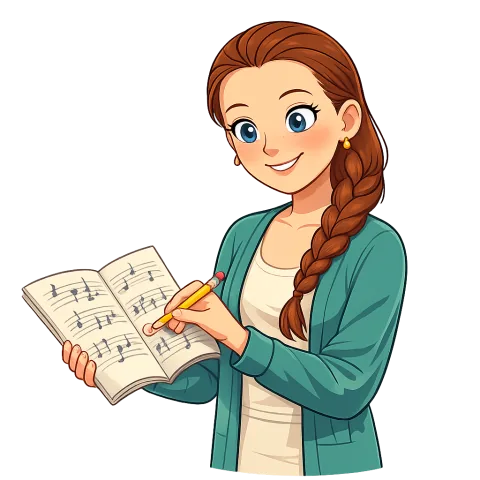 Cartoon Alexis holding a marked musical score