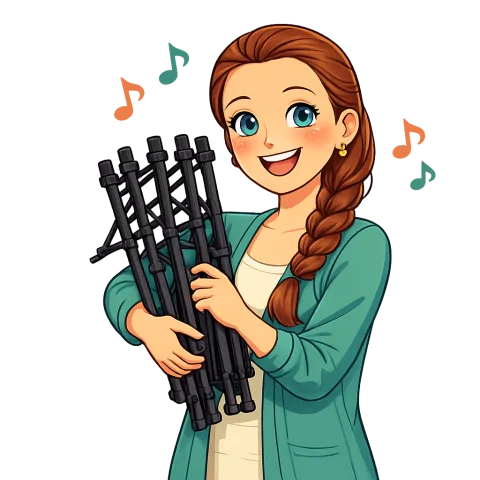Cartoon Alexis carrying folded music stands