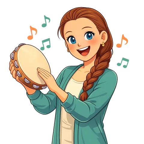 Cartoon Alexis playing a tambourine