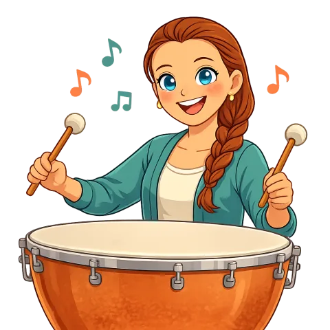 Cartoon Alexis playing timpani