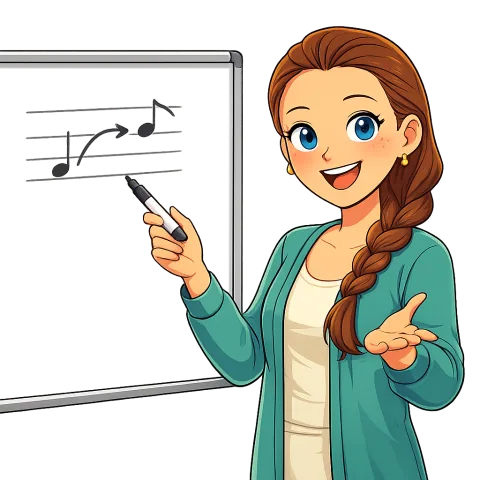 Cartoon Alexis explaining music at a whiteboard