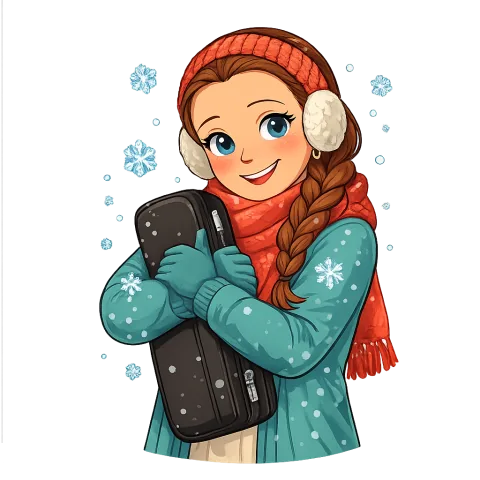 Cartoon Alexis protecting an instrument case in winter weather
